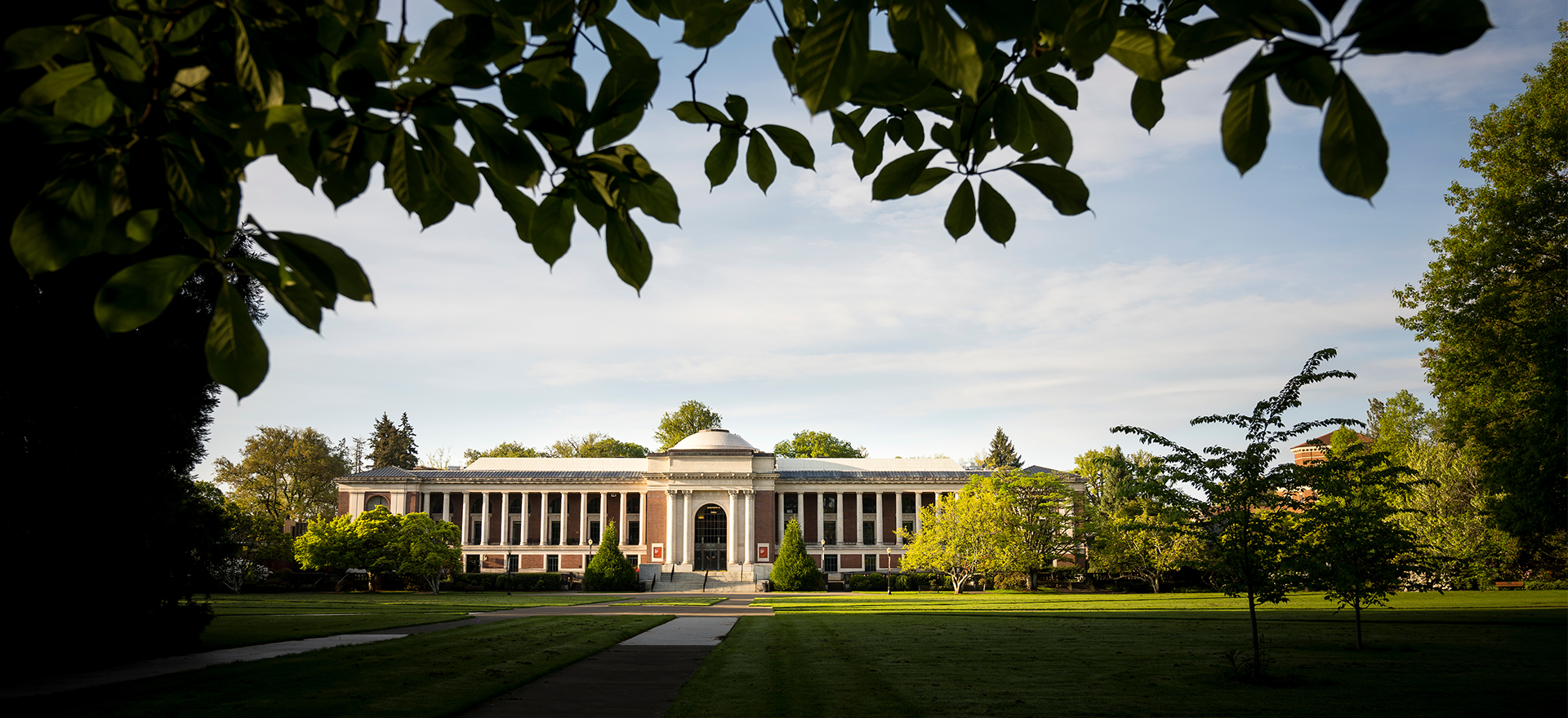 The Memorial Union in the background with a silhouette of a tree, leaves and lawn framing the building.