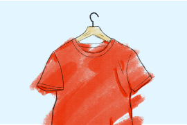 Illustration of an orange shirt on a hanger with a light blue background.