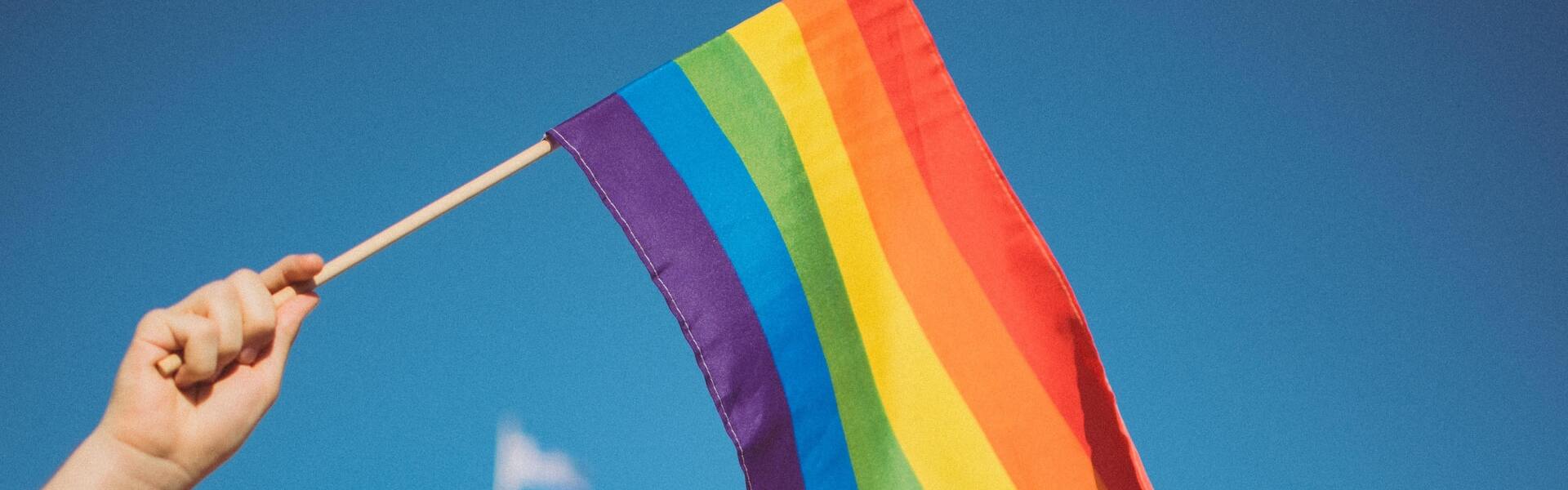 hand holding pride flag with sky in background