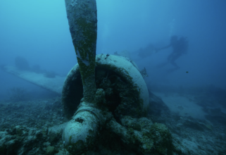 A screenshot from the documentary To What Remains, shot of diver underwater close to an abandoned propeler