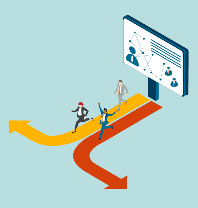 animated professionals leaving an organizational chart and going their own path
