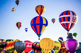 A group of about 30 vibrant hot air balloons crowd together on the ground and in the air against a clear, blue sky.