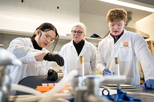 Dorthe Wildenschild and two students working in a lab.