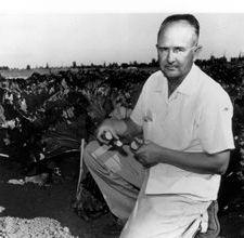 Baggett-Frazier in a field holding vegetables, black and white photo