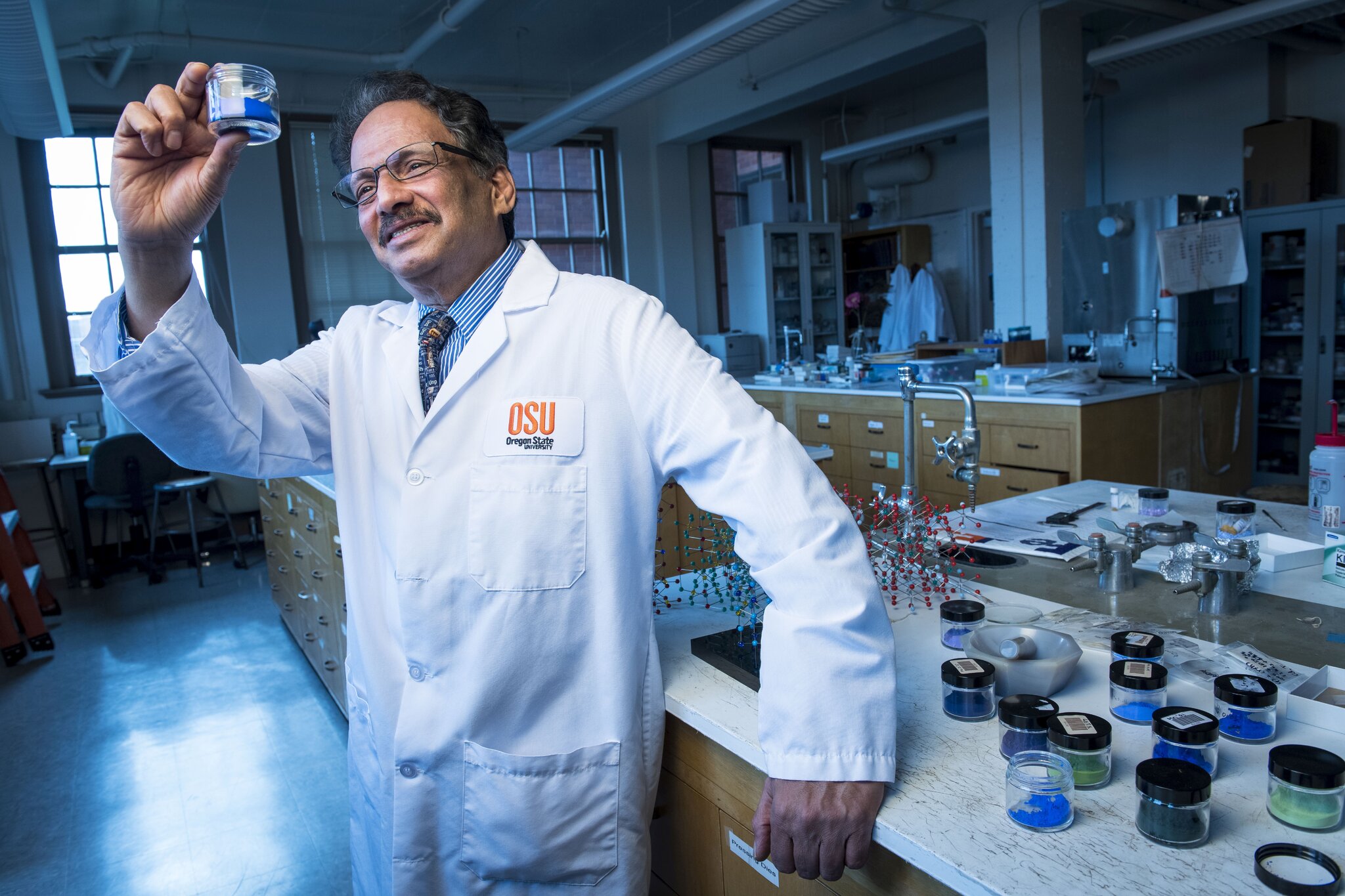 Mas Subramanian, Milton Harris Chair of Materials Science in an OSU lab with the blue pigment he discovered