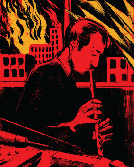 Black, red, and yellow colored printmaking looking artwork of a man playing a flute while a city burns in the background.