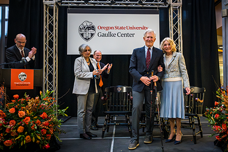 Mike and Judy Gaulke on staged being honored for the Gaulke Center gift.