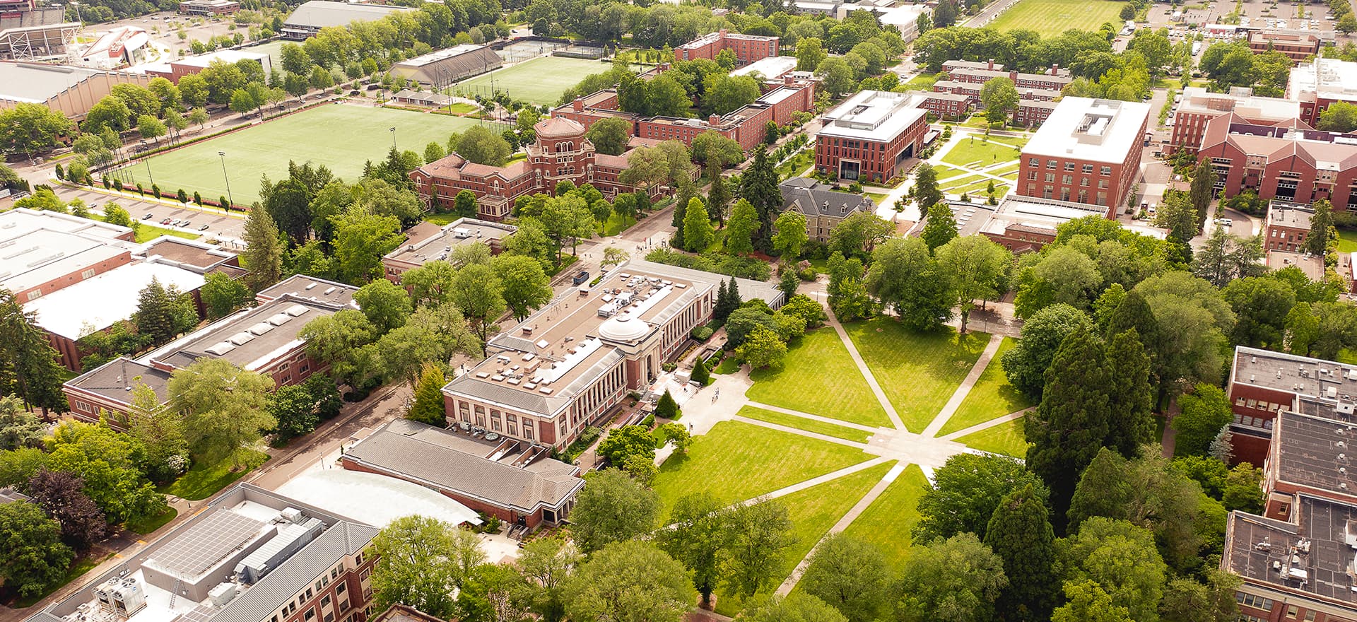 Aerial image showing the MU, quad, Weatherford and IM fields. Lots of greenery and trees as well.