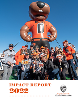 OSUAA Impact Report cover showing a photo of tailgate guests with inflatable Big Benny