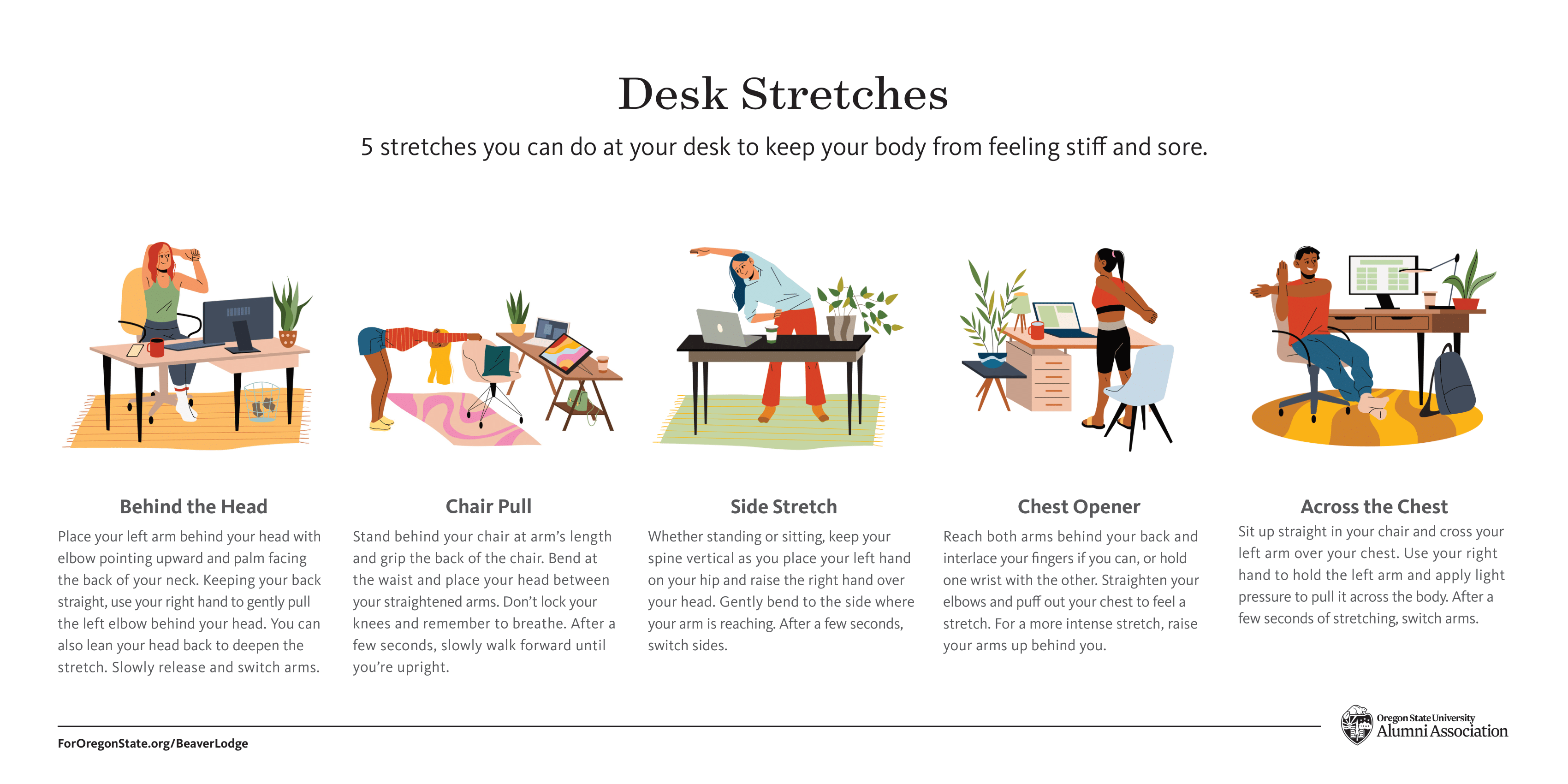 Five desk stretch illustrations and instructions