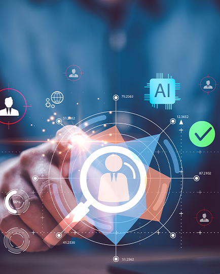 A person interacts with a digital interface displaying icons related to AI.