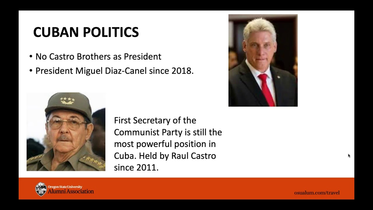 "Cuban Politics" with image of the Castro Brothers and President Miguel Diaz-Canel, this is a PowerPoint presentation slide
