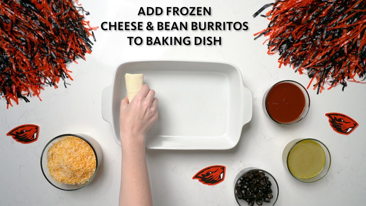 "Add frozen cheese and bean burritos to baking dish" text with image of a casserole dish with a burrito being placed in it, cheese, olives, salsa and more surrounds the dish