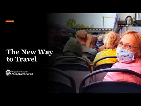 "The New Way to Travel" text photo with a women wearing a mask smiling sitting down during a presentation
