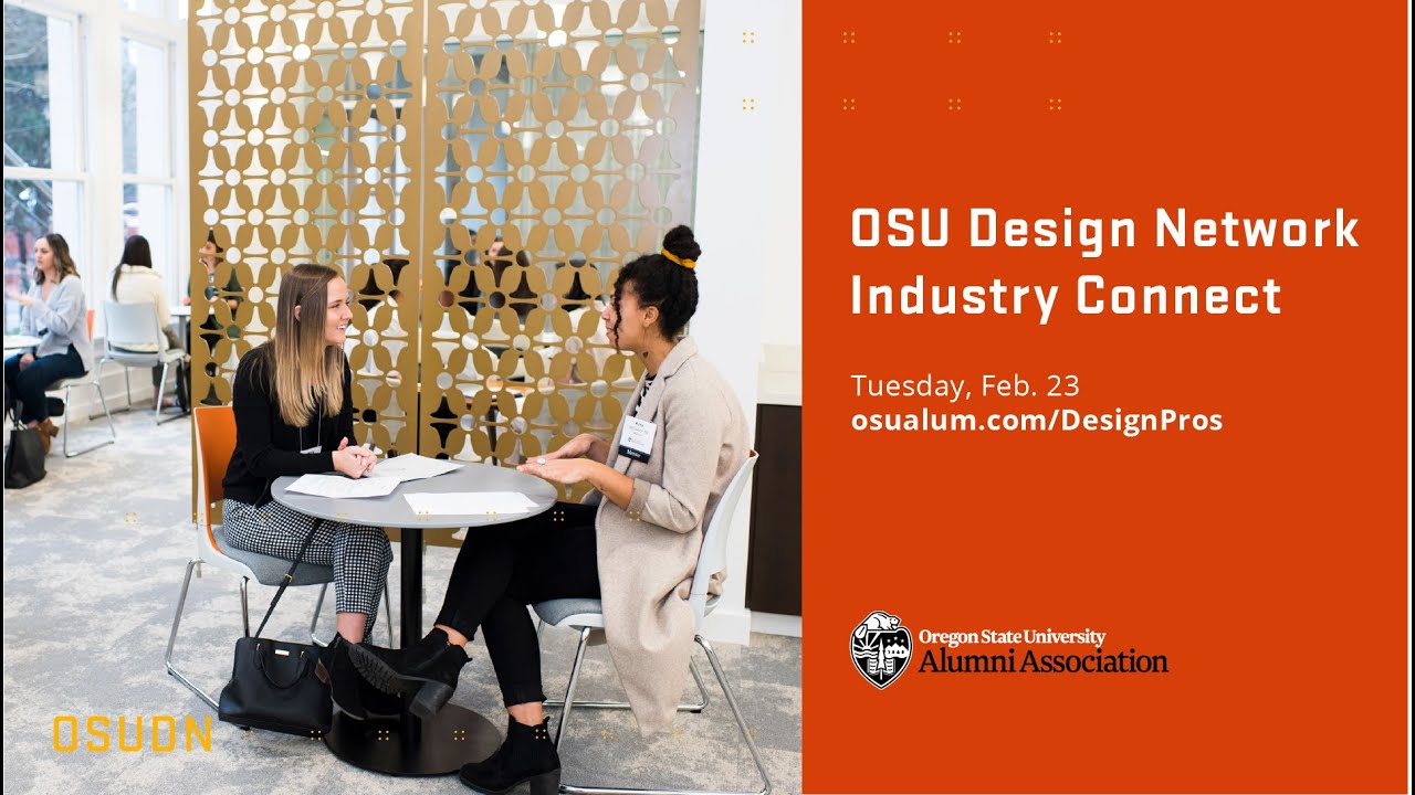 "OSU Design Network Industry Connect, Tuesday, Feb 23, osualum.com/DesignPros" text with OSUAA logo and image of two women speaking at a table
