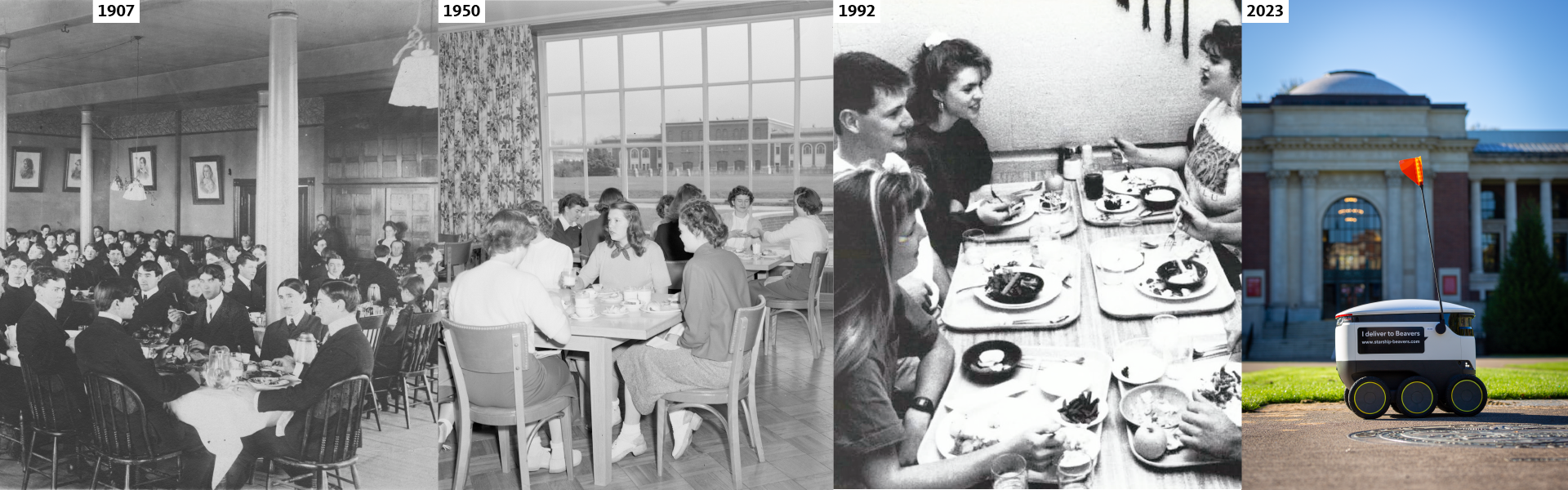 A collage of images relating to OSU dining halls since 1907